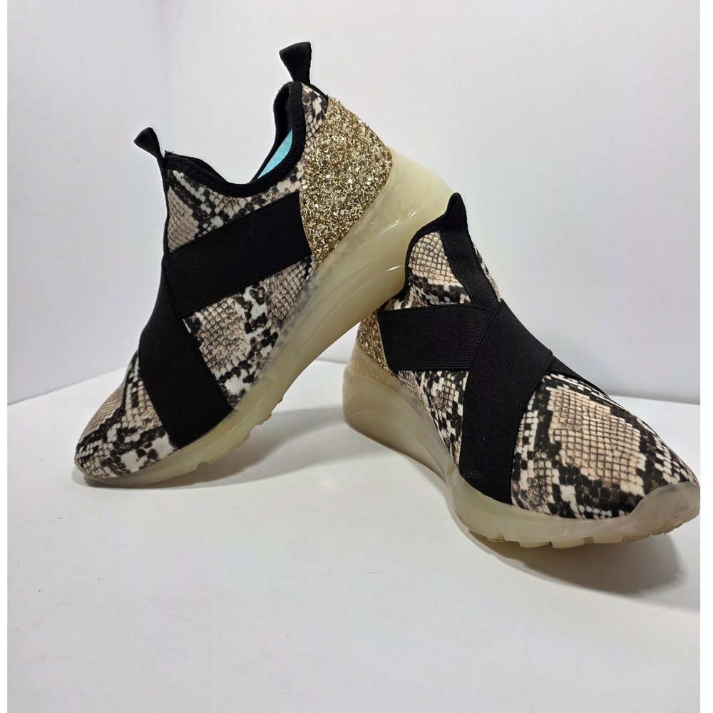 Cala Snakeskin Glitter Slip On Sneakers 8 Tan Black Gold Platform Athleisure